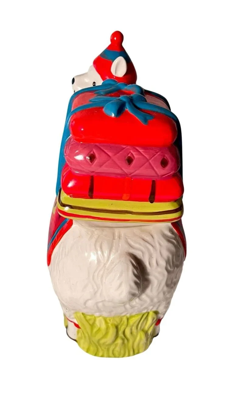 World Market Vibrant Llama Alpaca Cookie Jar Planter Carrying Presents 11” NWT